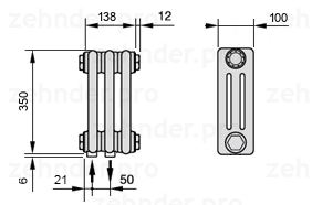 Схема (чертеж) Радиатор Zehnder Charleston 3035/3 №3370 Белый глянцевый RAL 9016